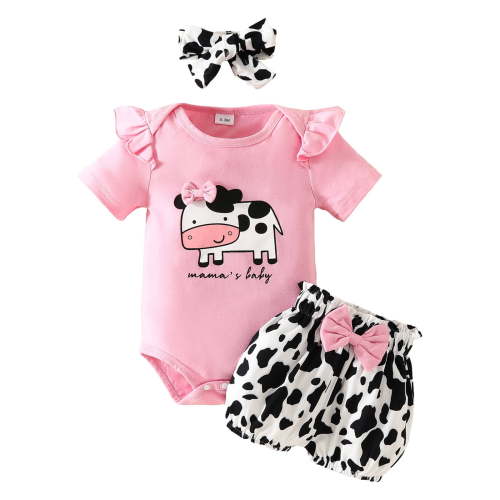 Splozh Baby Girl Clothes Summer Cowgirl Outfits My First Rodeo Romper Cow Print Bloomer Shorts Headband 3 Piece Set,Pink 9-12 Months