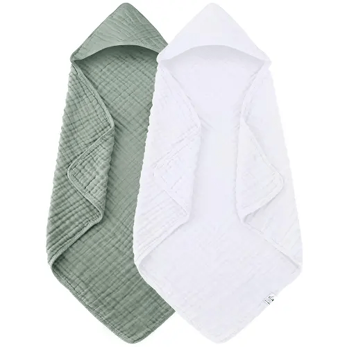 2 Pack Hooded Baby Towels - 100% Muslin Cotton for Newborns, Infants, Toddlers - Large 32x32Inch Size - Highly Absorbent and Essential for Newborn Care, White and Green