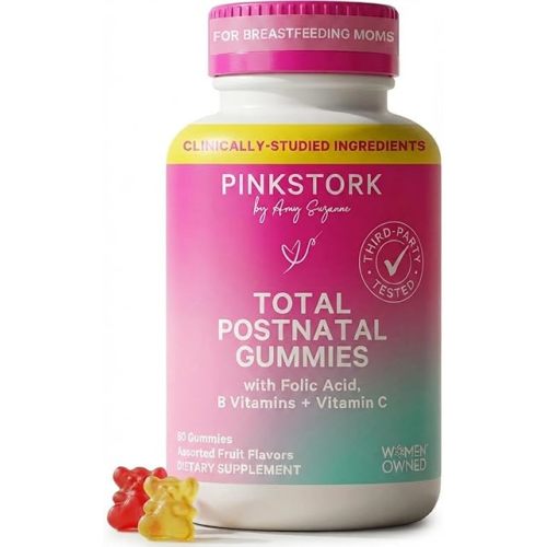 Pink Stork Total Postnatal Vitamin Gummies - Multivitamin for Postpartum Recovery and Lactation Support - Folic Acid, B6, and Vitamin C - Postpartum Essentials - 60 Gummy Vitamins
