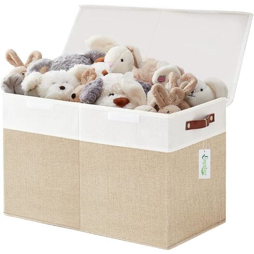 Large Toy Storage Box with Lids, Collapsible Sturdy Baby Storage Organizer Chest Bin Basket for Kids, Boys, Girls, Playroom, Nursery, Bedroom, Closet 25"x13"x16" (Beige and White)