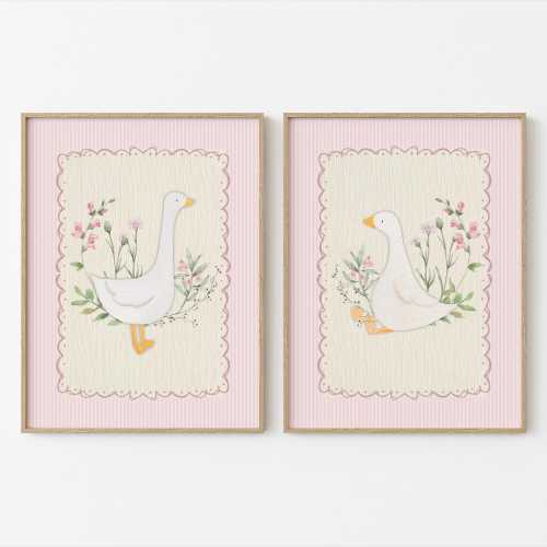 Vintage Pink Silly Goose Nursery Prints, Pink Wall Gallery, Sweet Floral Nursery Decor, Nursery Wall Art Girl, Baby Animal Art, Cottagecore
