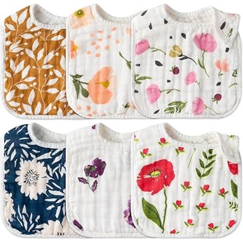 Zainpe 6Pcs Snap Muslin Cotton Baby Bibs Flower Pattern Infants Drooling Bib Soft Absorbent Adjustable Burp Cloths Feeding Cloth for Unisex Newborns Girls Boys Toddlers Teething Eating 0 to 36 Months
