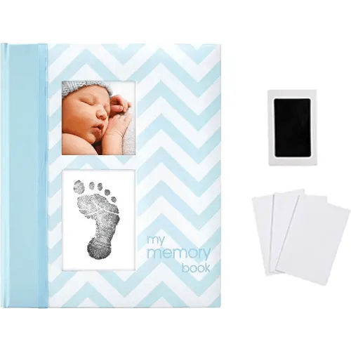 Pearhead First 5 Years Chevron Baby Memory Book with Clean-Touch Baby Safe Ink Pad to Make Baby's Handprint or Footprint Included, Newborn Milestone and Pregnancy Journal, Blue