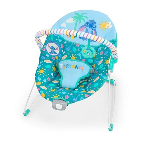 Disney Stitch Ohana Paradise Vibrating Baby Bouncer by Bright Starts, Soothing Vibrations Infant Seat with 2 Sensory Toys, 0-6 Months