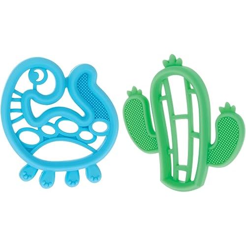 Nuby Mini Silicone Teether Set – 2 Pack Dino & Cactus Teethers with Massaging Bristles, Easy for Little Hands, 100% Silicone, 3M+