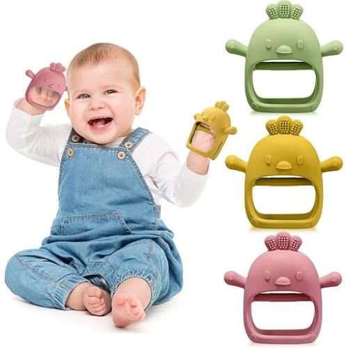 3 Pack Baby Teether Teething Toys for Babies 0-6 Months Baby Teething Toy Silicone Anti Dropping Infant Hand Teether Pacifiers Wrist Hand Chew Toys for Sucking Needs (Olive Green, Red, Yellow, Chick)