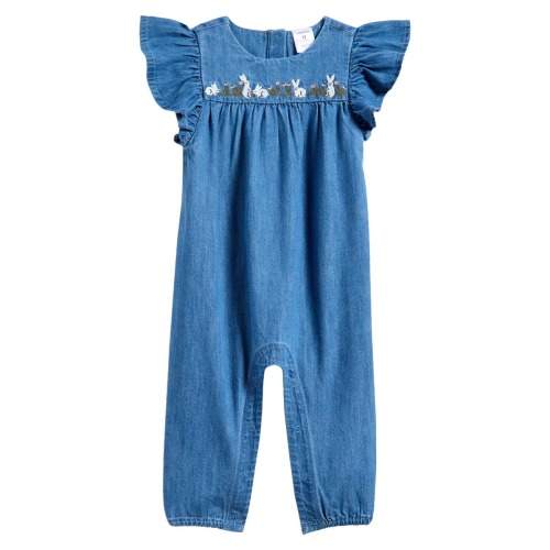 Embroidered Flutter Sleeve Denim Romper, 9M