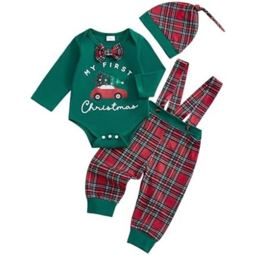 My First Christmas Baby Boy Outfit Newborn Tree Truck Long Sleeve Romper Plaid Suspender Pants Hat 3Pcs Clothes Set