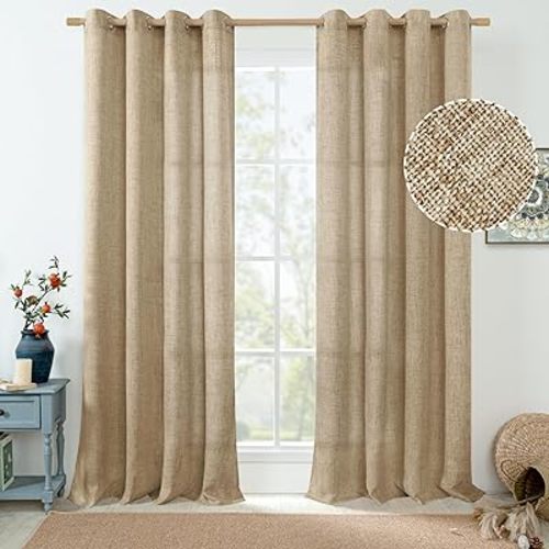 Linen Curtains for Living Room 84 Inch Length 2 Panels, Light Filtering Thick Burlap Window Curtains for Dining Room Privacy, Grommet Farmhouse Semi Sheer Drapes, 52 Inch Wide, Toffee Brown