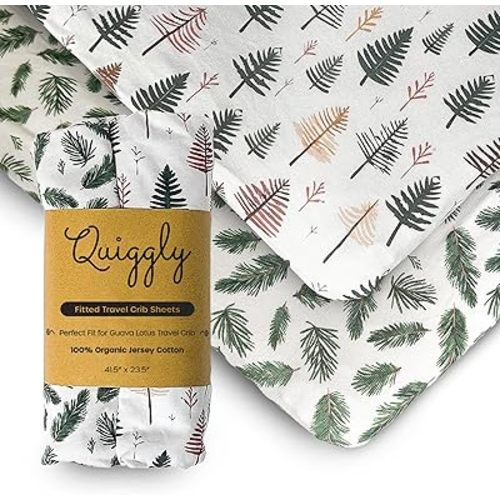 Quiggly Travel Crib Sheets for Guava Lotus, 2 Pack Organic Cotton Jersey Knit, Vibrant Forrest & Tree Patterns - Fits Travel Crib Mattresses for Boys & Girls (Travel Crib, Whispering Woodland)