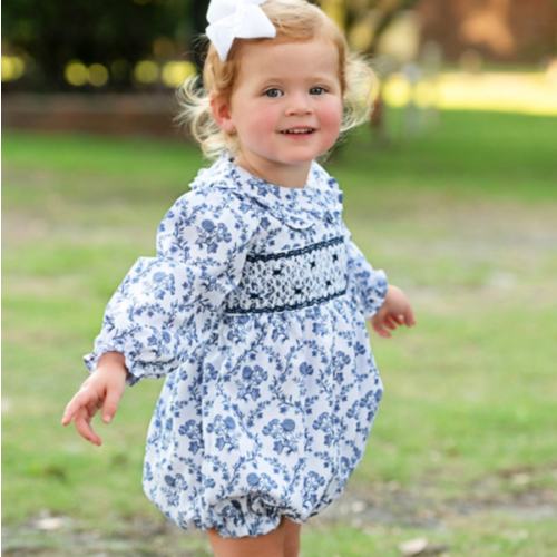Navy Floral Smocked Rosette Bubble - Cecil and Lou