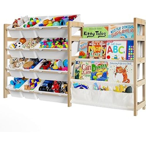 Large Toy Storage Organizer with Bookshelf, Toy Organizers and Storage with 12 Storage Bins, 4 Tier Multipurpose Toys Organizer Storage for Kids Room, Playroom, Nursery Room, White