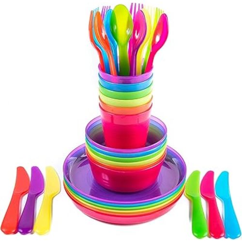Kids Plastic Dinnerware Set of 36 Multi Color Pieces (Plates, Bowls, Cups and Flatware) - Reusable, BPA-Free, Dishwasher Safe and Microwaveable
