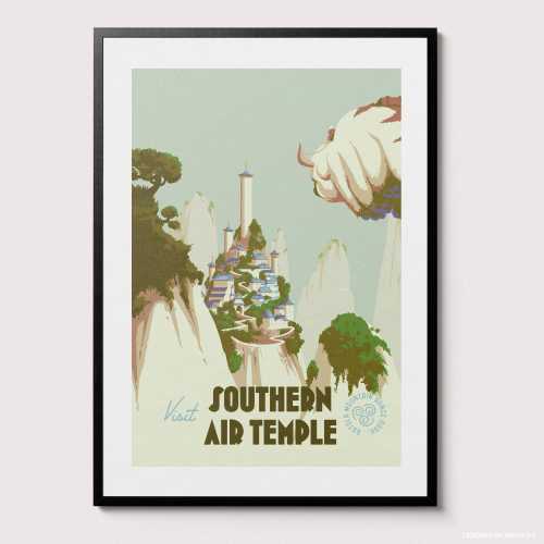 Visit the Southern Air Temple Poster – Retro Fantasy Travel Art Print, Floating Mountain Temple Illustration, Elemental Wall Art, Nostalgia