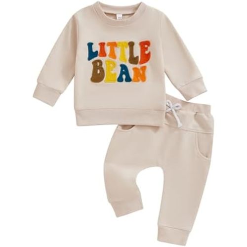 VISGOGO Baby Boy Girl Clothes Little Bean/Tractor Outfits Letter Embroidery Long Sleeve Sweatshirt Tops Pants