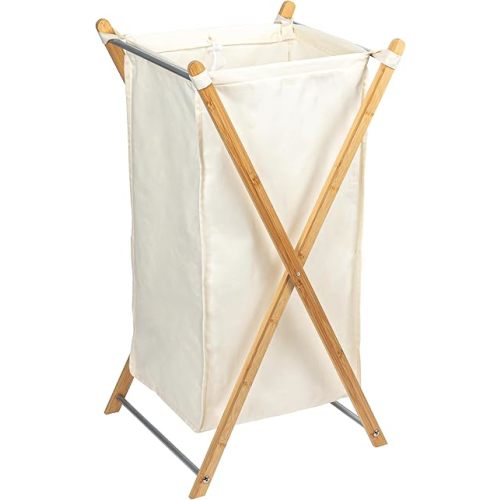 Household Essentials X-Frame Bamboo Laundry, Collapsible Wood Frame with Washable Poly-Cotton Bags