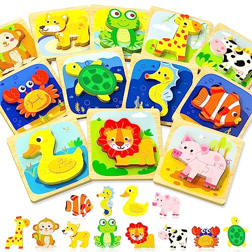 Benresive Wooden Toddler Puzzles Ages 1-3, Montessori Toys for 1 2 3 Year Old Boys Girls, 12 Pack Animal Toddler Toys Gifts for 1 2 3 Year Old Boys Girls, Learning Educational Preschool Puzzles