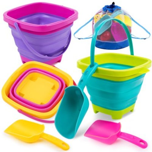Joyfy 3 Packs Collapsible Bucket with Shovels & Mesh Bag, Multi-Purpose Kids sand toys for Beach, Camping Gear, Beach Parties, and Fun Summer Activities