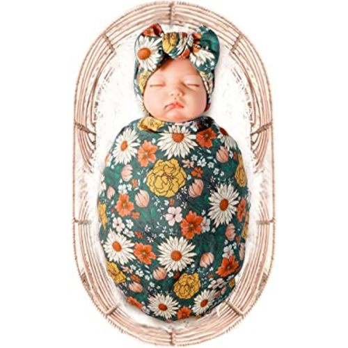 Konssy Baby Girl Newborn Receiving Blanket with Headband Set Baby Swaddle Nursery Swaddle Wrap
