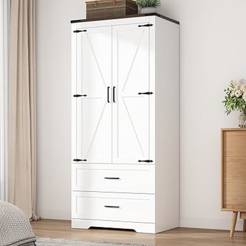 2 Doors Wardrobe Armoire Closet with Doors and Drawers, Farmhouse Wooden Armoire Storage Cabinet with Shelves & Hanging Rod for Bedroom, White