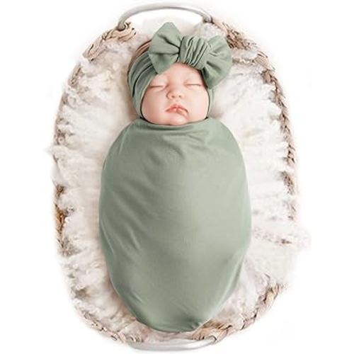 Konssy Baby Girl Newborn Receiving Blanket with Headband Set Baby Swaddle Nursery Swaddle Wrap