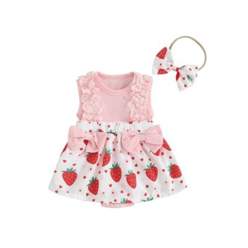 BABAMOON 2Pcs Newborn Infant Baby Girls Summer Outfits Sleeveless Strawberry Print Bow Romper Dress with Headband Clothes