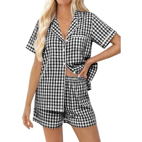 SWOMOG 100% Cotton Women Pajama Set 2 Piece Gingham Pjs Set Short Sleeve Plaid Sleepwear Button Down Lounge Set