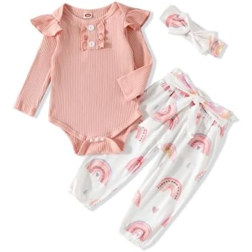 Kislio Newborn Baby Girls Clothes Ribbed Ruffled Romper+Floral Pants+Headband Infant Outfit Set