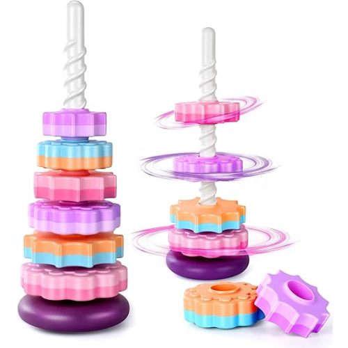 Spinning Stacker Toy,Stacking Toys for Toddlers 1-3,Montessori Sensory&Autism Toys, Fine Motor Skills Ring Stacker,Sit and Spin Toy for Babies 6-12 Months,16-Inch(Large Size)