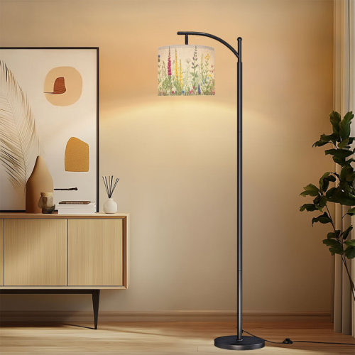 Bungalow Rose Boho Arc Floor Lamp Lamp with Adjustable Lampshade Wildflower Meadow Colorful Blooming Flowers Green Foliage Standing Lamp 3 Color Temperatures Dimmable Tall Pole Lamp with Foot Switch for Bedroom | Wayfair