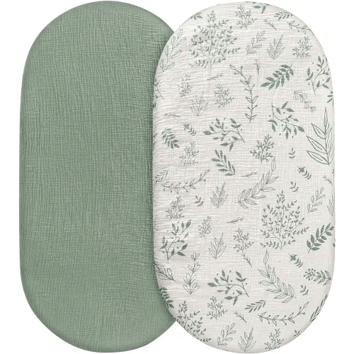 Muslin Bassinet Sheets 2 Pack for Baby Boy and Girl, Breathable Elastic Cozy Fitted Cotton Bassinet Mattress Sheet, Universal Fit for Hourglass Oval and Rectangle Bassinet Mattress (Natural Leaves)
