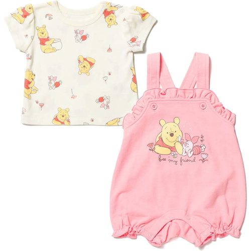 Disney Minnie Mouse Winnie the Pooh Baby Girls French Terry Short Overalls and T-Shirt Newborn to Infant