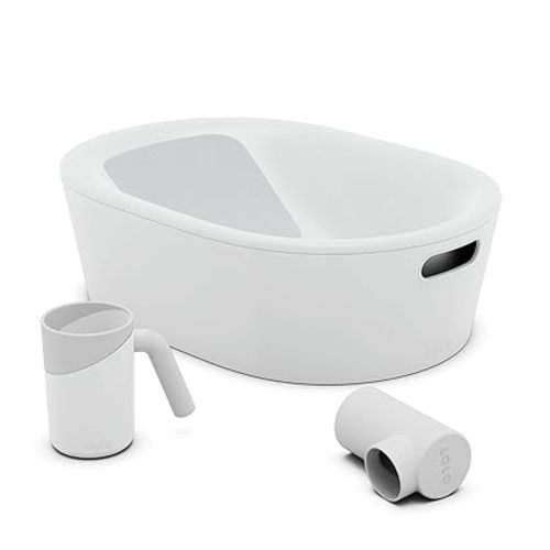 Lalo Bathtime Starter Kit - Modern Baby Bathtub, Rinse Cup & Spout Cover Bundle, Safe & Clean Design for Newborns, Minimalist Design, Easy to Clean, 25.3 x 18 x 7.7 in, 10 lb - Coconut