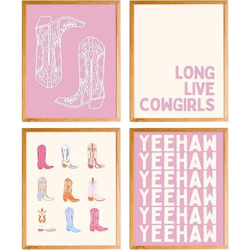 BearCake Pink Preppy Western Long Live Cowgirls Boot Wall Art Room Decor,Trendy Cowgirl YEEHAW Bathroom Decor for Room Bedroom Teen Girl Dorm,8x10 Inches Set of 4 Unframed