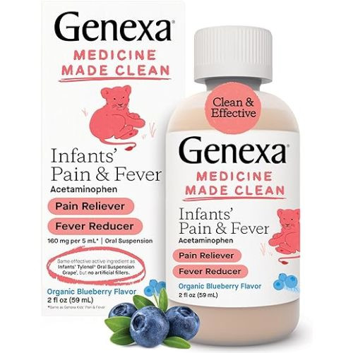 Genexa Infants’ Pain and Fever Reducer | Baby Acetaminophen, Dye Free, Liquid Oral Suspension Medicine for Infant | Delicious Organic Blueberry Flavor | 160 mg per 5mL | 2 Fluid Ounces - 2 Fl Oz (Pack of 1)