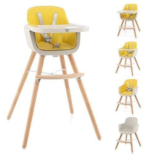 Yellow BABY JOY Convertible Baby High Chair, 3 in 1 Wooden Highchair/Booster/Chair with Removable Tray, Adjustable Legs, 5-Point Harness, PU Cushion and Footrest for Baby, Infants, Toddlers (Yellow)