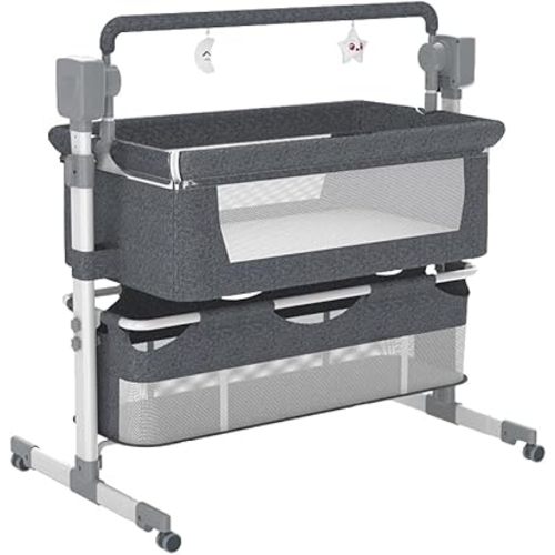 Electric Bluetooth Smart Baby Bedside Bassinet, Baby Sleeper Rocking Bed, Next to Me Crib with Wheels, Foldable Co-Sleeping Bed Bassinet for Newborn with 5 Swaying Gears and Remote Control (Grey)