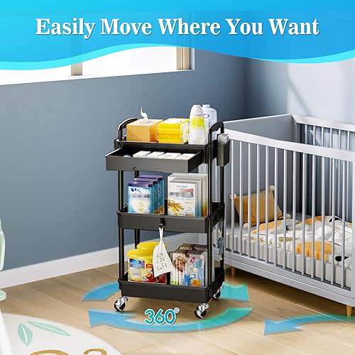 3 Tier Rolling Cart with Drawer, Bathroom Storage Organizer with 2 Lockable Wheels, Multifunctional Rolling Storage Cart for Bathroom, Kitchen, Office, Craft, Makeup, Baby Essentials, Black