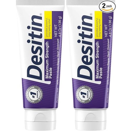 Desitin Maximum Strength Baby Diaper Rash Cream, 40% Zinc Oxide for Treatment, Relief & Prevention, Hypoallergenic, Phthalate- & Paraben-Free Paste, Protects Skin for 12 Hours, 4.8 oz (Pack of 2)