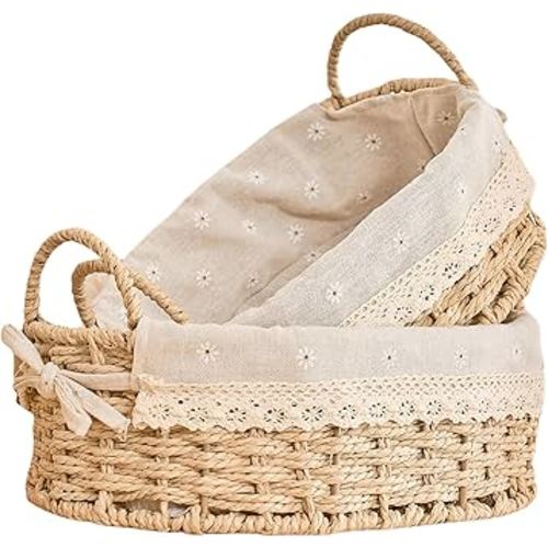 GIB Wicker Storage Baskets for Shelves, Small Wicker Baskets for Organizing, Decorative Natural Paper Rope Woven Serving Baskets Trays with Handle and Liner, Set of 2