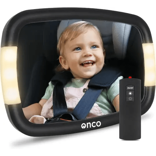 Onco LED Baby Car Mirror with Light - 2 Modes for Day & Night Driving, 100% Shatterproof & Shakeproof Car Mirror for Baby with 360° Rotation