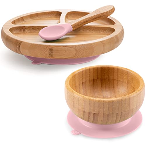 Toddler Bamboo Plates, Bowls and Spoon Set, Wooden Feeding Utensils for Infant’s Easy Self Eating at 1 Stage, Stay Put Silicone Suction Plate and Bowl and Soup Spoon for Baby Led Weaning
