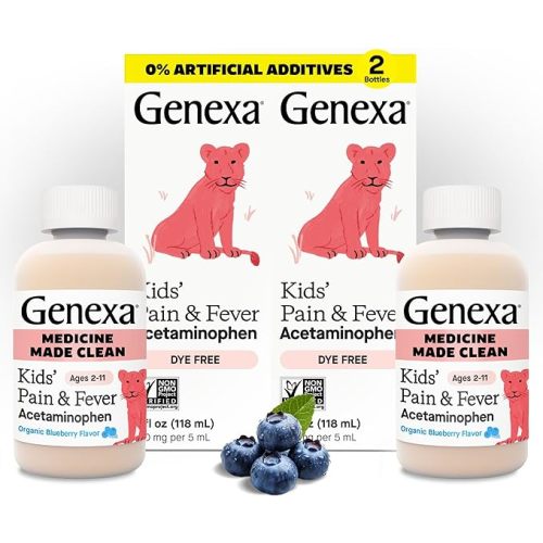 Genexa Kids’ Clean Pain & Fever Acetaminophen, Dye Free, 0% Artificial Additives, Delicious Organic Blueberry Flavor, Liquid Oral Suspension Medicine, Children 2-11, 160 mg per 5mL, 8 fl oz (2 Pack)