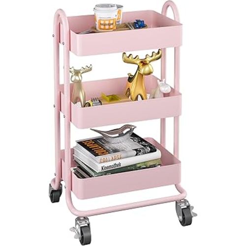 MIOCASA 3-Tier Metal Utility Rolling Cart, Heavy Duty Multifunction Cart with Lockable Casters, Easy to Assemble, Suitable for Office, Bathroom, Kitchen, Garden