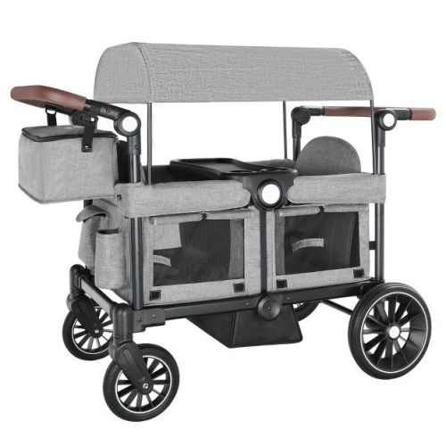 Kinder King Folding Wagon Stroller for 2 Kids, Adjustable Handle, All-Terrain Shock-Absorbing Wheel, Detachable Tray, Diaper Bag, Grey