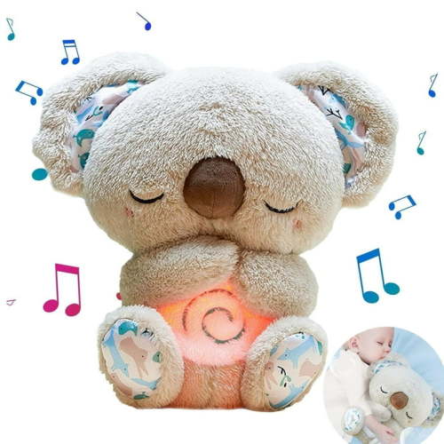 Sleeping Koala Plush Stuffed Toy- Soothing Koala Plush Breathing with Sensory Details Music Lights & Rhythmic Breathing Motion for Newborn Infants