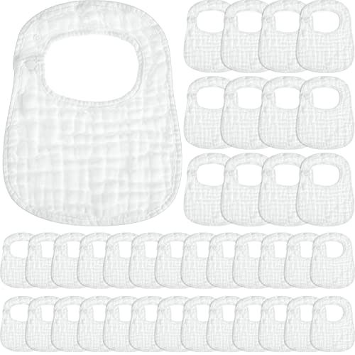 Reginary 30 Pack White Muslin Baby Bibs for Boy Girl Adjustable 6 Layers Cotton Baby Bandana Drool Bibs Bulk Soft Absorbent Washable Snap Muslin Burp Cloth for Newborn Infant Drooling Eating Feeding