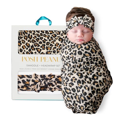 Posh Peanut Swaddle Blanket & Headband Set – Viscose from Bamboo Stretchy Baby Swaddle for Newborn Girls, Receiving Blanket or Nursing Cover