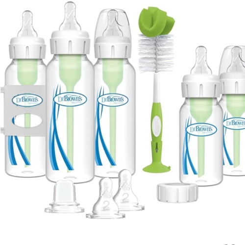 Dr. Brown's Natural Flow Anti-Colic Options + Narrow Bottle to Sippy Gift Set with Soft Silicone Sippy Spout, Removable Silicone Handles, Travel Cap and Bottle Brush