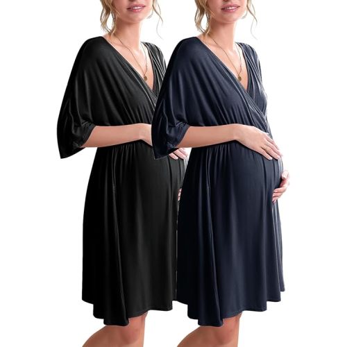 Ekouaer 3 in 1 Labor/Delivery/Hospital Gown 2 Pack Maternity Dress Nursing Nightgown Sleepwear
